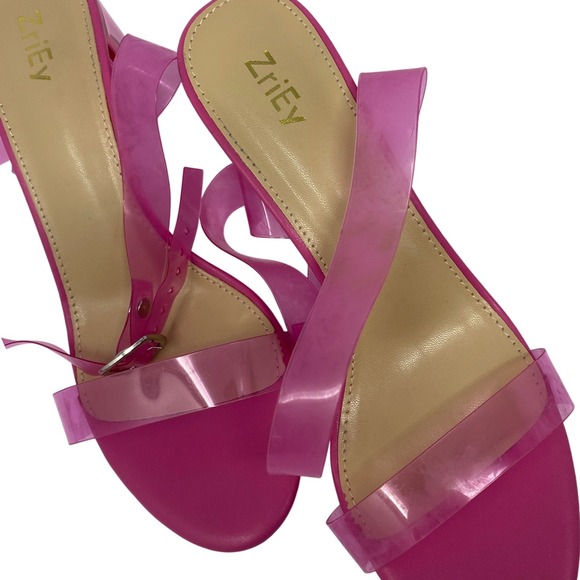 ZriEy Heels 8.5 Hot‎ Pink Clear Lucite Block Heel Barbiecore Strap Ankle Sandal - Picture 2 of 8